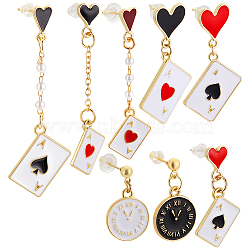 4 Pairs 4 Styles Creative Poker Ace Alloy Enamel Dangle Earrings for Women, Golden, 24.5~57x14~18.5mm, 1 pair/style(EJEW-UN0002-50)