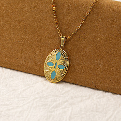 Vintage Real 18k Gold Plated Stainless Steel Enamel Pendant Necklaces for Women, Simple and Elegant, Oval(QI4661-2)