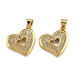 Brass Micro Pave Clear Cubic Zirconia Pendants, Long-Lasting Plated, Heart, Real 18K Gold Plated, 16.5x16x2mm, Hole: 2x3mm(ZIRC-J025-58G)