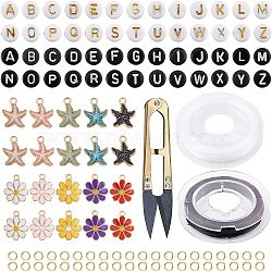 CHGCRAFT DIY Children's Day Themed Stretch Bracelets Making Kits, Including Flat Round with Alphabet Acrylic Beads, Flower & Starfish Alloy Enamel Pendants, Elastic Thread, Mixed Color, Beads: 1456pcs(DIY-CA0001-70)