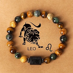 Twelve Constellations Natural Tiger Eye & Picture Jasper & Rhyolite Jasper Round & Column Beaded Stretch Bracelets for Women Men, with Gift Card, Leo, 2-3/8 inch(6cm)(WG6FA5D-07)