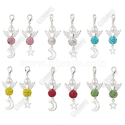12Pcs Angel Pave Disco Ball Pendant Decorations, Lobster Claw Clasps Charms and Moon & Star Alloyfor Bag Ornaments, Silver, Mixed Color, 48mm(HJEW-JM03066-S)