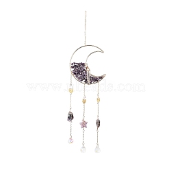 Natural Amethyst Chips Beaded Moon Hanging Sun Catchers, with Glass Teardrop, with Iron Findings, 495mm(HJEW-M004-02)