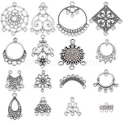 64Pcs 16 Style Tibetan Style Alloy Chandelier Component Links, Mixed Shapes, Antique Silver, 14~35x13.3~33.5x1~2.5mm, Hole: 1.5~3mm, 4pcs/style(TIBE-SC0001-75)