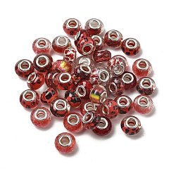 Printed Transparent Resin European Beads, Large Hole Beads, Rondelle with Silver Color Plated Brass Cores and Glitter Powder, Red, 14x8.5mm, Hole: 5mm(RESI-C063-03H)