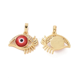 Brass Micro Pave Cubic Zirconia Pendants, with Handmade Evil Eye Lampwork, Eye Charm, Real 18K Gold Plated, Red, 17x20x4.5mm, Hole: 4x6mm(ZIRC-F136-09G-09)