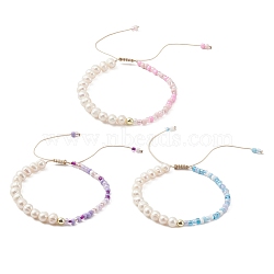 3Pcs 3 Color Glass Seed & Natural Pearl Braided Bead Bracelets Set, Nylon Adjustable Bracelets, Mixed Color, Inner Diameter: 1-7/8 inch(4.65cm), 1Pc/color(BJEW-JB09572)