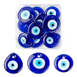 12Pcs 3 Style Handmade Lampwork Evil Eye Pendants, Flat Teardrop & Flat Round, Blue, 30~35x5~6mm, Hole: 3~4mm, 4pcs/style(LAMP-LS0001-15)