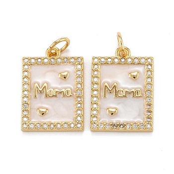 Brass Micro Pave Clear Cubic Zirconia Pendants, with Enamel and Jump Rings, Rectangle with Word Mama, Real 18K Gold Plated, 17.5x12x2mm, Hole: 4mm