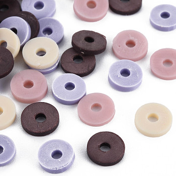 4 Colors Handmade Polymer Clay Beads, Heishi Beads, Disc/Flat Round, Coconut Brown & Bisque & Flamingo & Medium Purple, 8x0.5~1.5mm, Hole: 2mm, about 11500pcs/1000g