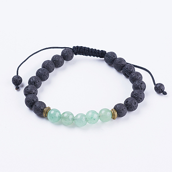 Adjustable Nylon Cord Braided Bead Bracelets, with Lava Rock, Green Aventurine Beads & Alloy Findings, 2-1/8 inch(54mm)