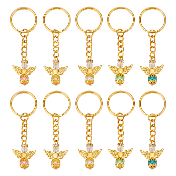 10Pcs 10 Color Tibetan Style Alloy Angeltee with ABS Plastic Imitation Pearl Beaded Charms Keychains, with Golden Iron Split Key Rings, Mixed Color, 7.3cm, 1Pc/color