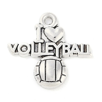 Tibetan Style Alloy Message Pendants, Sports Charms, I Love Volleyball, Cadmium Free & Lead Free, Antique Silver, 19x20.7x3mm, Hole: 2mm, about 333pcs/500g