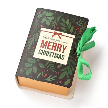 Christmas Folding Gift Boxes, Book Shape with Ribbon, Gift Wrapping Bags, for Presents Candies Cookies, Christmas Themed Pattern, 13x9x4.5cm