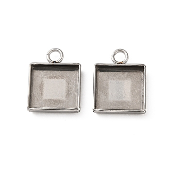 304 Stainless Steel Pendant Cabochon Settings, Square, Non-open Back Settings, Stainless Steel Color, 15.5x11.5x2mm, Hole: 2.5mm, Tray Size: 10x10mm