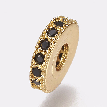 Brass Micro Pave Cubic Zirconia Bead Spacers, Flat Round, Black, Golden, 8x2mm, Hole: 3mm