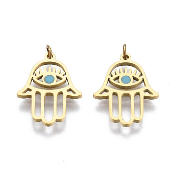 304 Stainless Steel Enamel Charms, with Jump Rings, Hamsa Hand/Hand of Fatima/Hand of Miriam with Eye, Real 14K Gold Plated, Sky Blue, 14.5x11.5x1mm, Jump Ring: 2.7x0.4mm, 1.9mm inner diameter