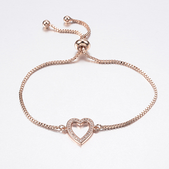 Adjustable Brass Bolo Bracelets, Slider Bracelets, with Cubic Zirconia and Box Chains, Heart, Rose Gold, 10-1/4 inch(260mm)