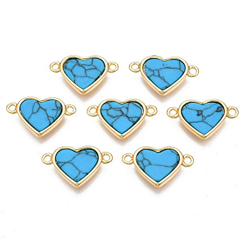 Brass Connector Charms, with Synthetic Turquoise, Cadmium Free & Nickel Free & Lead Free, Real 18K Gold Plated, Heart, Deep Sky Blue, 10x17x3mm, Hole: 1.4mm