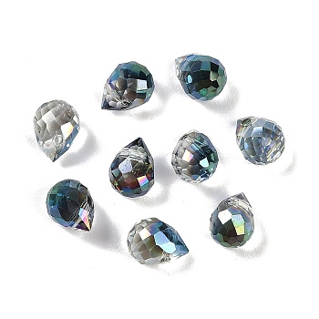 Electroplate Glass Beads, Half Rainbow Plated, Faceted, Teardrop, Dark Slate Gray, 8x6mm, Hole: 1mm