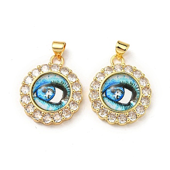 Real 18K Gold Plated Brass Pendants, with Glass and Acrylic, Flat Round with Evil Eye Charms, Light Sky Blue, 23.5x20x7mm, Hole: 4x3.5mm