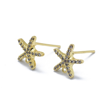 Brass Micro Pave Cubic Zirconia Stud Earring Findings, Starfish/Sea Stars, with Loop, Golden, 10x10x2mm, Hole: 0.8mm, Pin: 0.6mm