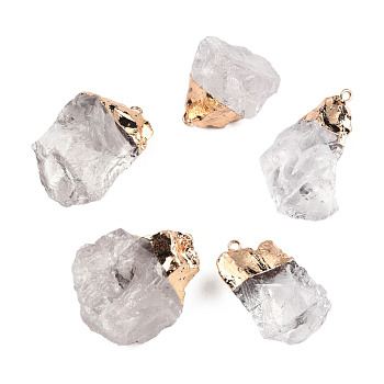 Rough Raw Natural Quartz Crystal Pendants, Rock Crystal Pendants, with Golden Tone Iron Findings, Nuggets Charm, 20~36x17~28x10~17.5mm, Hole: 1.8mm