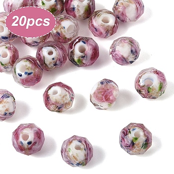 20Pcs Handmade Gold Sand Lampwork Beads, Inner Flower, Faceted Rondelle, White, 8x6mm, Hole: 2mm