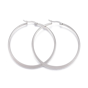 201 Stainless Steel Hoop Earrings, with 304 Stainless Steel Pin, Hypoallergenic Earrings, Flat Ring Shape, Stainless Steel Color, 15.5x14.5x2mm, Pin: 0.8mm