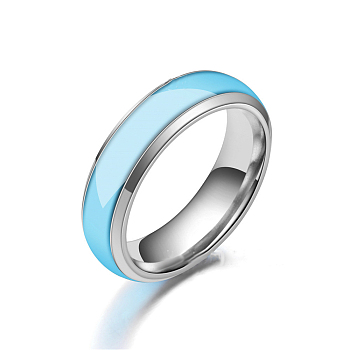Luminous 304 Stainless Steel Flat Plain Band Finger Ring, Glow In The Dark Jewelry for Men Women, Light Sky Blue, US Size 11(20.6mm)