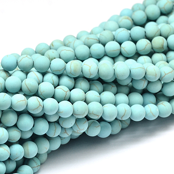 Synthetic Howlite Bead Strands, Dyed, Round, Frosted, Light Sky Blue, 6mm, Hole: 1mm, about 67pcs/strand, 15.3 inch