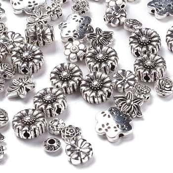 Antique Silver Mixed Vintage Flower Tibetan Style Alloy Beads, 5~30.5x5~22x3~3.5mm, Hole: 1.5~10mm