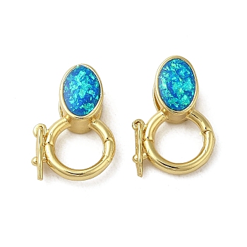 Rack Plating Brass Clasps, with Synthetic Opal, Cadmium Free & Lead Free, Long-Lasting Plated, Real 18K Gold Plated, Oval, 15x10.5x5.5mm, Hole: 5x2.5mm and 6mm