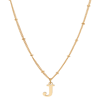 1Pc Brass Chain & 304 Stainless Steel Letter Pendant Necklaces, Golden, Lead Free & Nickel Free & Cadmium Free, Letter J, 17.72 inch(45cm)~18.11 inch(46cm), Letter: 13x6.5mm