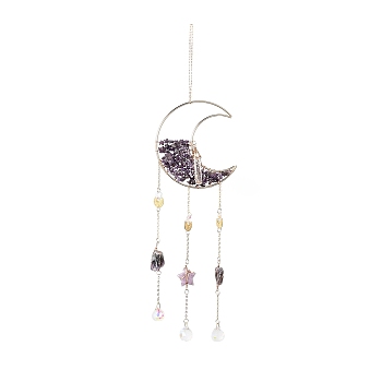 Natural Amethyst Chips Beaded Moon Hanging Sun Catchers, with Glass Teardrop, with Iron Findings, 495mm