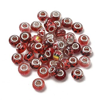 Printed Transparent Resin European Beads, Large Hole Beads, Rondelle with Silver Color Plated Brass Cores and Glitter Powder, Red, 14x8.5mm, Hole: 5mm