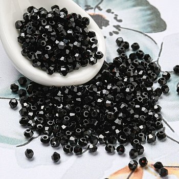 Electroplate Glass Beads, Faceted, Bicone, Black, 2x2mm, Hole: 0.7mm, about 720pcs/bag.