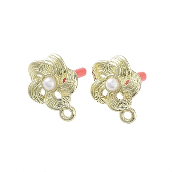 Plating Alloy with 304 Steel Needle Earrings Finding, Cadmium Free & Nickel Free & Lead Free, with ABS Imitation Pearl, Flower, 16x12.5mm, Hole: 1.6mm, Pin: 0.7x10mm