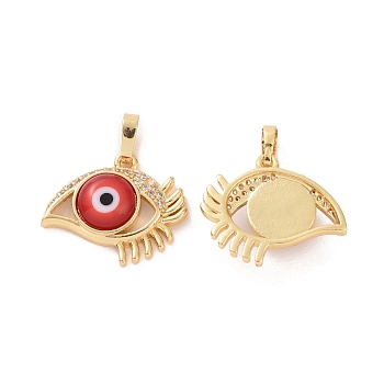 Brass Micro Pave Cubic Zirconia Pendants, with Handmade Evil Eye Lampwork, Eye Charm, Real 18K Gold Plated, Red, 17x20x4.5mm, Hole: 4x6mm