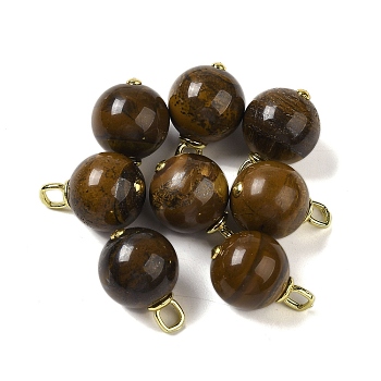 Natural Tiger Iron Round Pendants, Sphere Charms with Rack Plating Brass Loops, Real 18K Gold Plated, Long-Lasting Plated, 21~23x14~14.5mm, Hole: 3.7x4mm