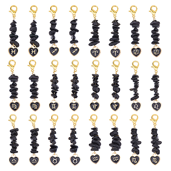 24Pcs 12 Styles Natural Obsidian Chips Beads Pendant Decoration, with Alloy Enamel Charms, Heart with Constellation, 64~65mm, 2pcs/style