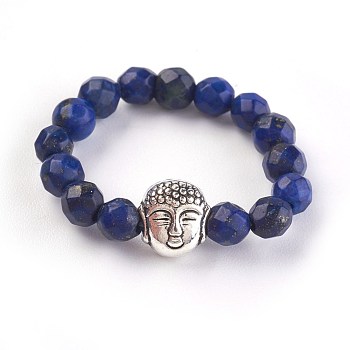 Natural Lapis Lazuli Stretch Rings, with Alloy Buddha Beads, Faceted, Round, Antique Silver, Size 8, 18mm