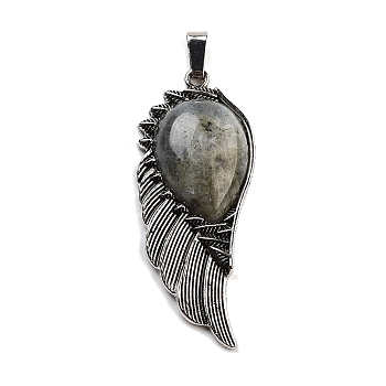 Natural Labradorite Big Pendants, Wing Charms with Alloy Findings, Antique Silver, 56.5~57x22.5~23x7~8mm, Hole: 4x8.5mm