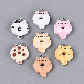 Opaque Resin Pendants, Cat with Donut Charms, with Platinum Plated Iron Loops, Mixed Color, 25~26x20~21x7.5~8mm, Hole: 2mm