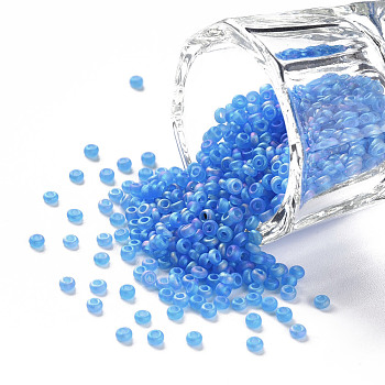 12/0 Grade A Round Glass Seed Beads, Transparent Frosted Style, AB Color Plated, Dodger Blue, 2x1.5mm, Hole: 0.8mm, about 3333pcs/50g