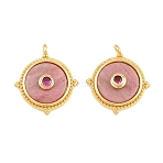 Natural Rhodonite Pendants, Brass Micro Pave Cubic Zirconia Flat Round Bezeled Charms, Long-Lasting Plated, Cadmium Free & Lead Free, Rack Plating, Real 18K Gold Plated, 21.5x19x5mm, Hole: 1.6mm(GG-CBA110A-06G)