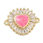 Brass Pave Clear Cubic Zirconia Connector Charms, Heart Links with Enamel, Lead Free & Cadmium Free, Rack Plating, Long-Lasting Plated, Real 18K Gold Plated, Hot Pink, 17x21.5x3.5mm, Hole: 1.5mm(KK-A293-12G-01)