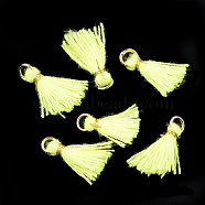 Polycotton(Polyester Cotton) Tassel Pendant Decorations, Mini Tassel, with Iron Findings and Metallic Cord, Light Gold, Green Yellow, 10~15x2~3mm, Hole: 1.5mm(X-FIND-S281-36)