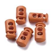 Plastic Spring Cord Lock Stopper Cylinder, with Iron Findings, 2-Hole, Platinum, Dark Orange, 23.5x12x8.5mm, Hole: 6x3.5mm(FIND-I013-A08)