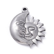 304 Stainless Steel Pendants,  Moon with Sun, Stainless Steel Color, 32x25.5x4mm, Hole: 2mm(STAS-P288-03P)